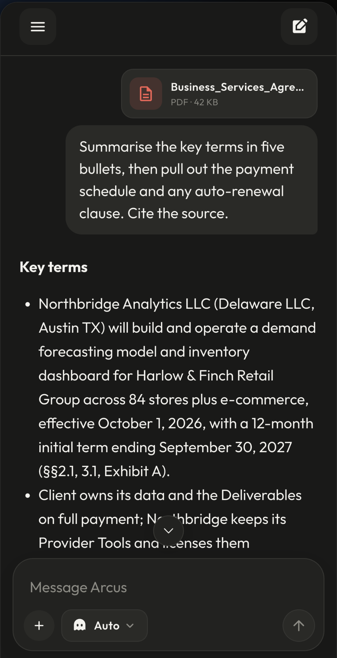 Arcus summarising a contract