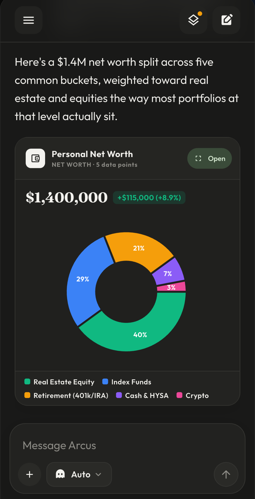 Arcus rendering a net worth chart